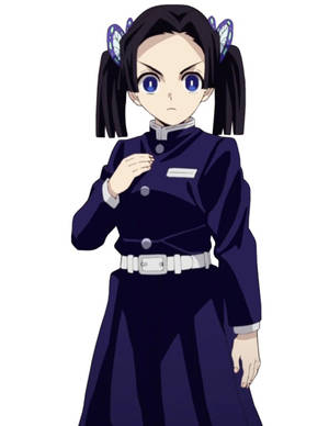 穿著深色制服、帶有蝴蝶髮夾和藍色眼睛的動漫女孩。