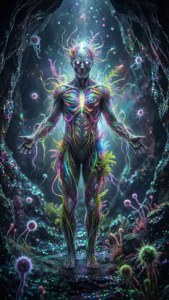 發光人形帶霓虹藤蔓在充滿發光真菌和球體的洞穴中