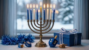 金色 menorah 上點燃著蠟燭，旁邊放著藍色禮物和 dreidels，在雪白的冬日窗台上。 — 節日 GIF 壁紙
