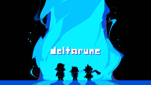 三個像素角色面對一個發光的藍色傳送門，上面有「deltarune」文字。