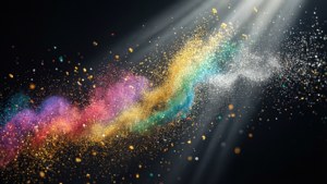 彩色閃粉粒子在明亮光線下以對角線流動在黑色背景下爆炸。