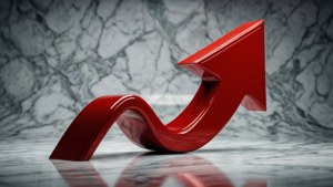 紅色3D增長箭頭在大理石地板上帶有反射