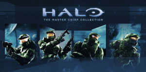 四名身穿綠色盔甲的Halo Master Chief戰士在星空太空背景下手持武器。