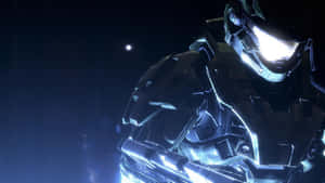 未來士兵身穿發光藍色盔甲，背景是黑暗星空。 — 電腦 GIF 壁紙