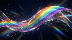 一條發光的彩虹絲帶在一個充滿閃爍粒子的黑暗星空空間中旋轉。
