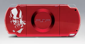 灰色背景上帶有白色Kratos貼紙的紅色Sony PSP遊戲機。 — 紅色美學 壁紙