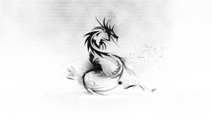 一條風格化的黑色水墨龍在帶紋理的白色背景上旋轉舞動。