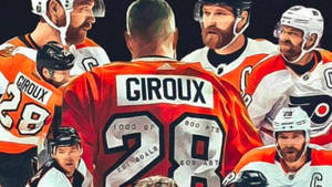 冰球運動員 Claude Giroux 與隊友圍繞他的球衣慶祝，球衣顯示 1000 場比賽 900 分的統計數據。 — 拼貼 GIF 壁紙
