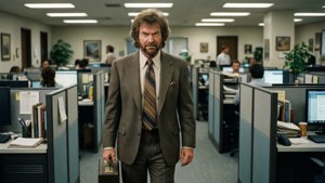 穿西裝的男人拿著公事包走過辦公室隔間。