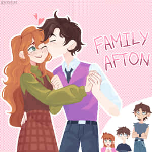 動漫情侶接吻，背景有「Family Afton」文字和較小的角色。 — 花卉動畫 壁紙