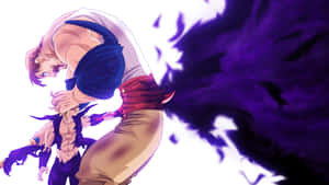動漫男性戰士在戰鬥中釋放紫色能量爆炸。