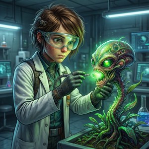 年輕科學家在實驗室研究發光外星生物