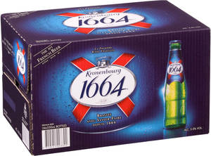 Kronenbourg 1664啤酒盒，帶有冷凝水和瓶子圖像。