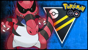 一隻紅色和黑色寶可夢，擁有鋒利的牙齒和爪子，在 Pokémon GO 標誌前面。