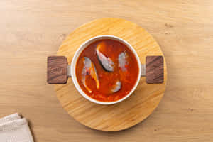 一個木托盤上的紅色魚湯碗，旁邊有一塊布餐巾。 — 美食 壁紙