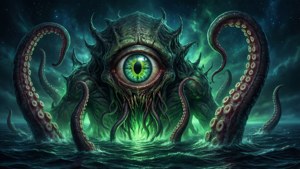 夜間從黑暗海洋中出現的、擁有一隻發光眼睛的巨型海怪。 — 爐石戰記 壁紙