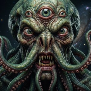 一個多眼多觸手的怪獸綠色外星人，背景是星空。 — 洛夫克拉夫特 壁紙