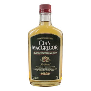 Clan MacGregor調和蘇格蘭威士忌瓶，帶有紅色瓶蓋和黑色標籤。
