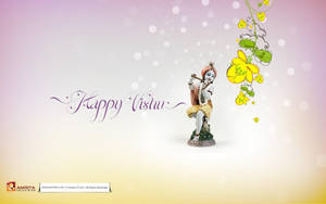 克里希納吹笛雕像，搭配黃色花朵及漸變背景上的「Happy Vishu」文字。