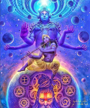 一個神聖的人物在宇宙環境中坐在一個充滿齒輪的行星上吹笛。
