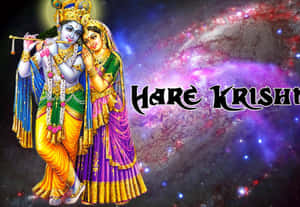 克里希納和拉達身著神聖服飾，站在繁星點點的宇宙背景前，帶有Hare Krishna文字。