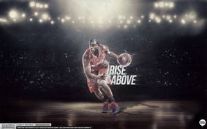 籃球運動員在場館燈光下運球，帶有 'RISE ABOVE' 字樣。