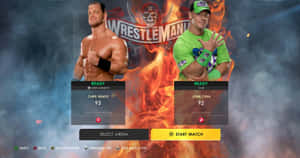 WWE WrestleMania 比賽選擇畫面，摔角手 Chris Benoit 和 John Cena 準備好戰鬥。