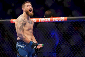 一位赤裸上身、有紋身的MMA拳手在UFC八角籠內慶祝。
