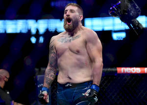 MMA拳手張開嘴在八角籠中慶祝勝利。