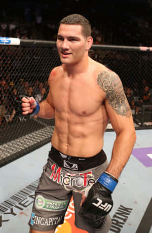 一名穿著UFC裝備的男性MMA拳手在八角籠內擺姿勢，身後有群眾。