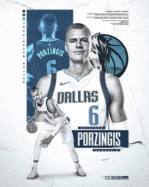 Kristaps Porzingis 達拉斯獨行俠籃球運動員肖像，附有球隊標誌和動作鏡頭。