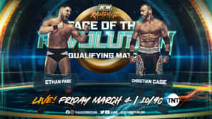兩位摔角手 Ethan Page 和 Christian Cage 在霓虹燈照亮下的摔角擂台上對決，為 AEW Rampage 賽事。