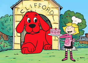 戴廚師帽的女孩在戶外向巨型紅狗Clifford遞上蛋糕。