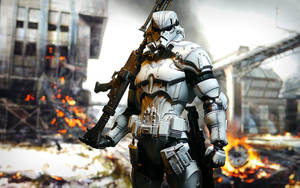 白色裝甲士兵在燃燒的城市廢墟中手持步槍。