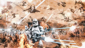 複製人軍隊在頭頂有星際戰鬥機的激烈戰鬥中作戰。