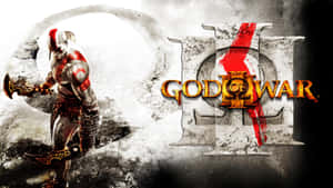 《God of War III》中的 Kratos 手持斧頭，附有遊戲標誌