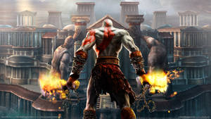 來自《God of War 2》的Kratos在希臘遺跡場景中揮舞火焰鎖鏈。