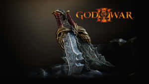 God of War 遊戲標誌，帶有鎖鏈的華麗劍放在暗色岩石上。