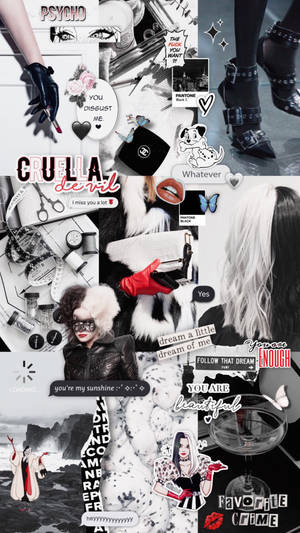 Cruella de Vil 拼貼畫，包含名言、時尚單品和戲劇性文字疊加。