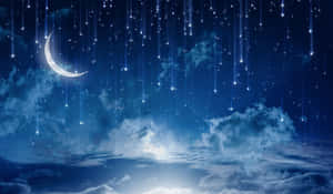 深藍色夜空中新月和流星，伴隨柔軟的雲朵。
