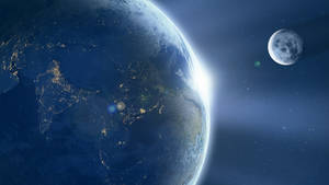 帶有城市燈光和月亮在繁星點點夜空中的地球 — 唯美月亮動圖 壁紙