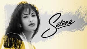 Selena肖像，帶有黃色和灰色筆觸和她的簽名。