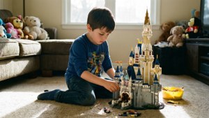 男孩在地毯上搭建LEGO城堡，周圍有毛絨玩具。