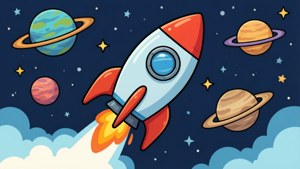 一架卡通火箭飛過太空，經過色彩繽紛的行星和星星。 — 科學 壁紙