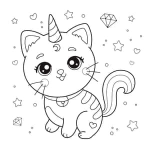 一隻可愛的卡通貓，有獨角獸角和彩虹尾巴，被星星、心形和鑽石包圍。 — 可愛貓咪 壁紙