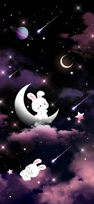 在紫色星空夜空中，一隻卡通兔坐在新月上，周圍有行星和流星。