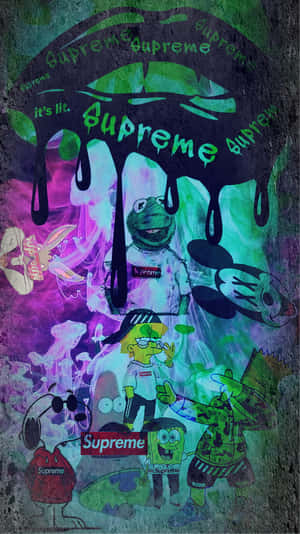 塗鴉壁畫，卡通人物穿著 Supreme 服裝，帶有滴落的霓虹顏料。 — iPhone 8 壁紙