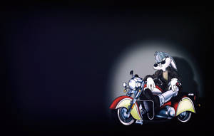 戴著太陽眼鏡的卡通兔子在聚光燈下騎著紅色電單車。