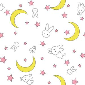 可愛的卡通兔子、月亮和星星，以俏皮的重複圖案呈現。 — 美少女戰士 壁紙