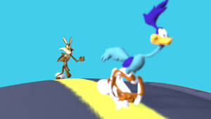 Wile E Coyote 同 Road Runner 喺山丘上競速，有動態模糊